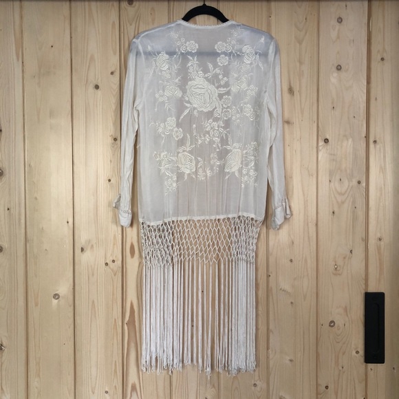 Off White Kimono w/ Fringe and Embroidered Flowers - Picture 7 of 12